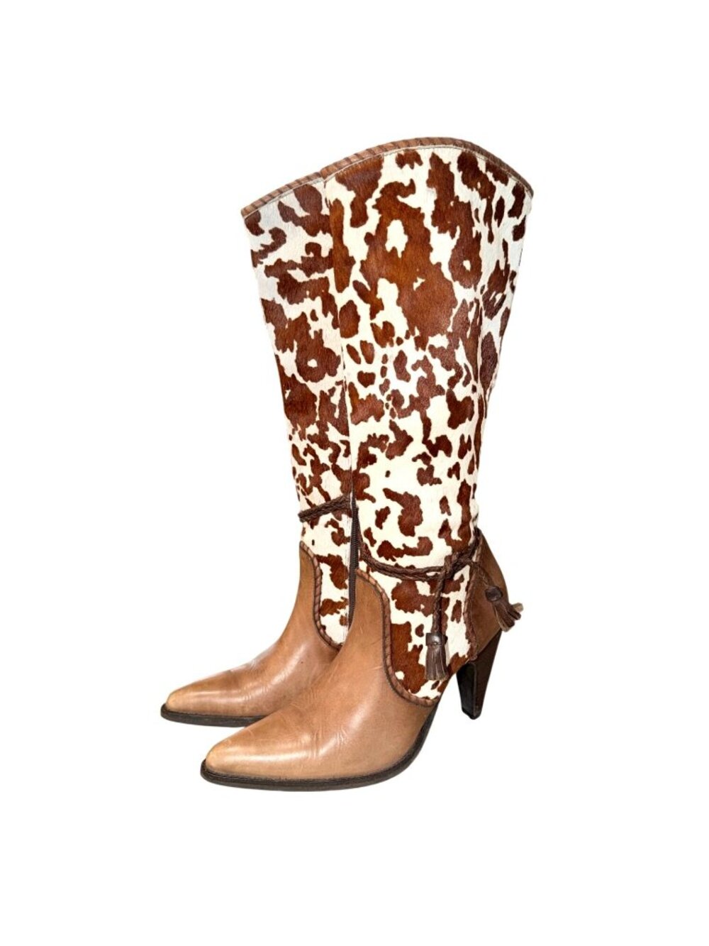 Gianni Bini Cow Print Western Cowgirl Leather Boot Tassels Pointed Toe Women 9